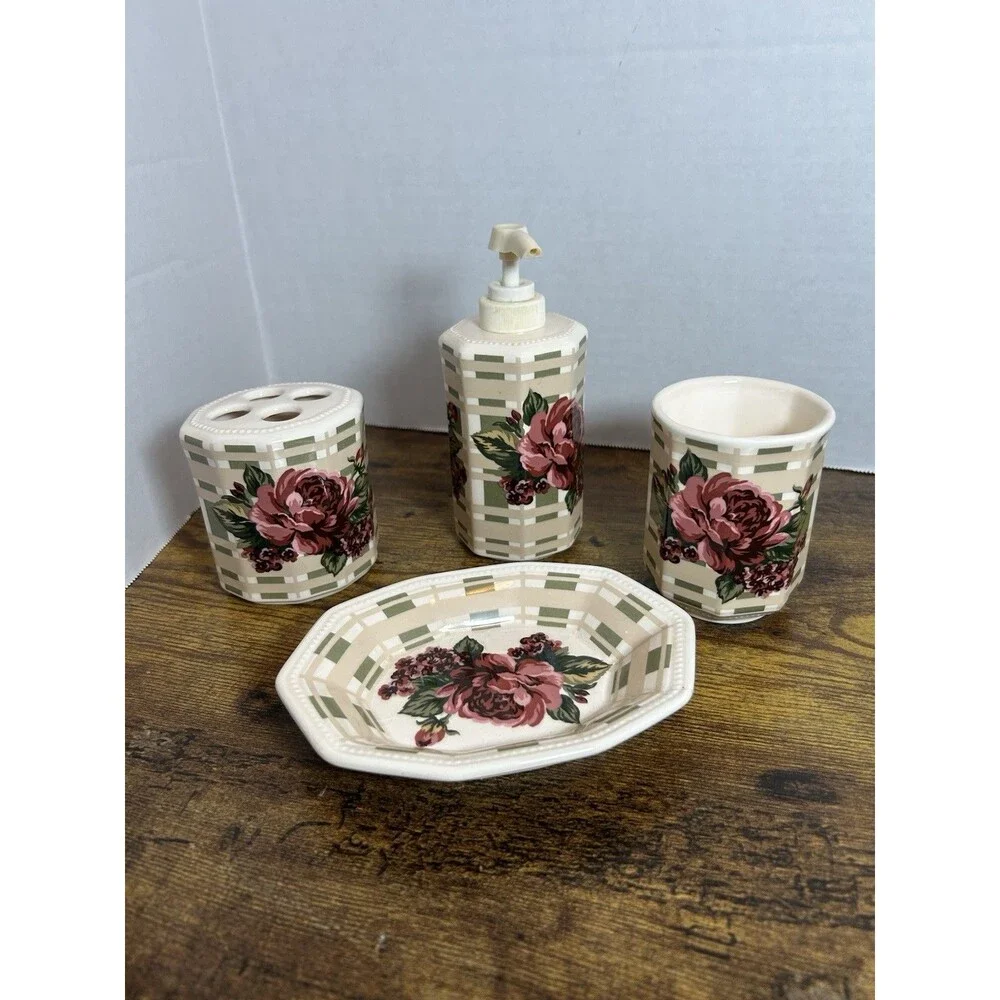 Vintage Water Works Co Floral Rose 4 Pc Ceramic Bathroom Vanity Set Cottagecore